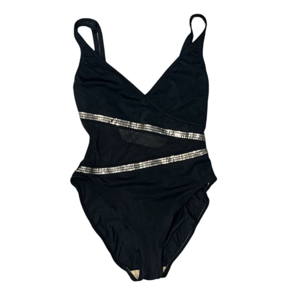 Vintage Anne Klein Sirena Black One Piece Swimsuit Size S/M Mesh Rhinestone 90s - Picture 1 of 9